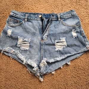 Shein, female size large, Raw hem distressed denim shorts, faded blue
